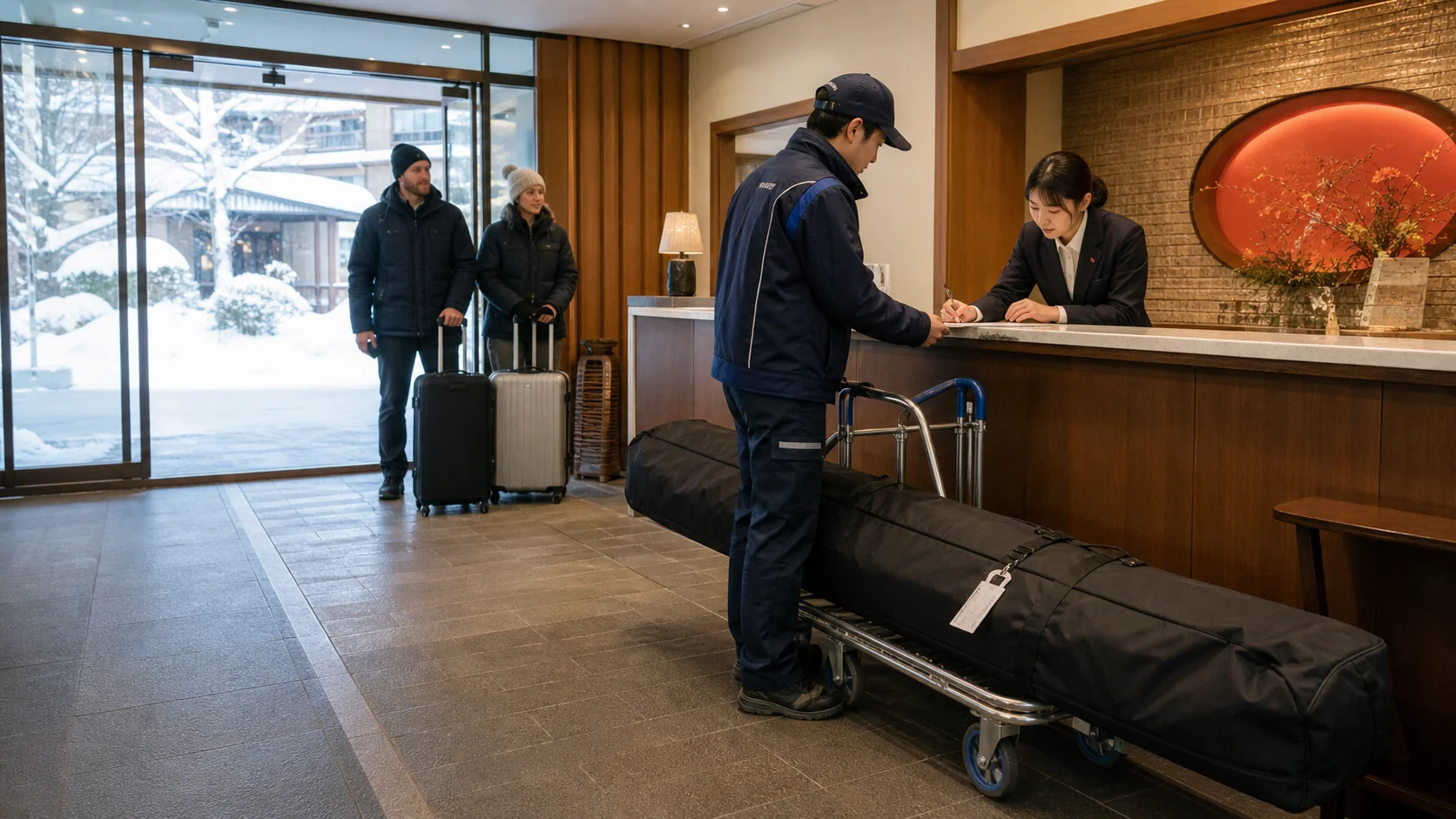 Snow Locker ski bags handed over at a Japan hotel reception